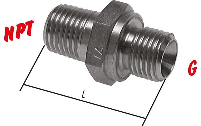 Exemplarische Darstellung: Doppelnippel mit G-Gewinde / NPT-Gewinde, 1.4571